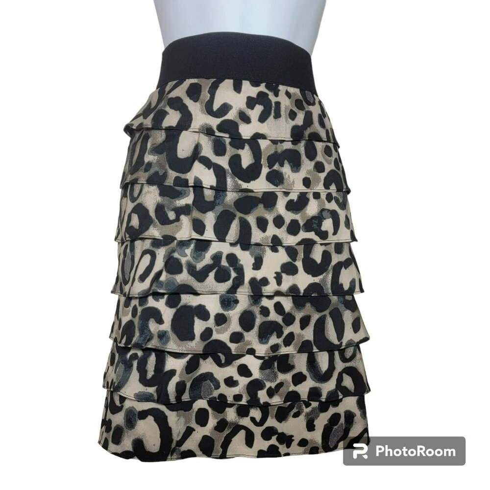 Alfani Petite Skirt, Women10P,  Black & Tan Leopard Print, Tiered, Short, EUC